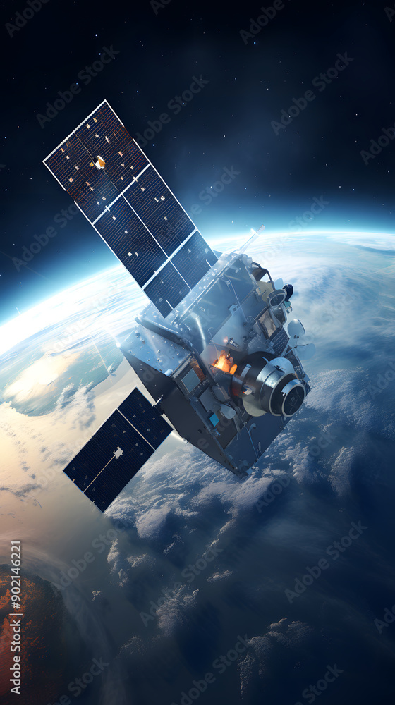 A satellite orbits Earth, its solar panels catching the sunlight against a backdrop of stars and clouds. A satellite orbits Earth, its solar panels catching the sunlight against a backdrop of stars and clouds.