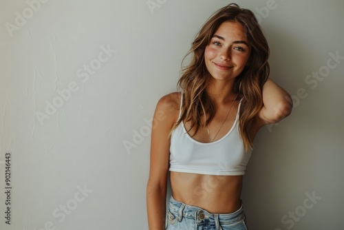 Happy, Young Woman in White Tank Top and Jeans, Smiling and Leaning on Wall.