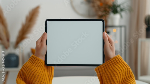 woman holding black tablet iPad Pro vertical with white blank screen, mockup, cozy living room background