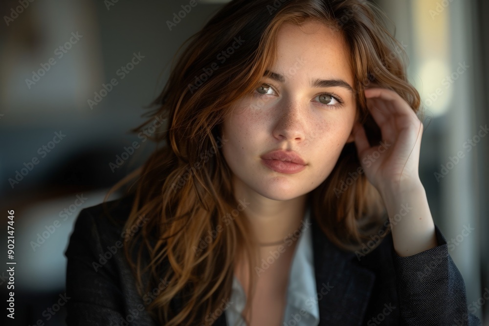 Confident Businesswoman in Suit with Thoughtful Expression Confident Businesswoman in Suit with Thoughtful Expression