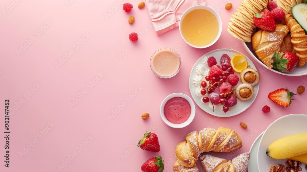 Copy space with a food concept, showcasing a neatly arranged breakfast spread on a clean background, perfect for morning-related or culinary themes Copy space with a food concept, showcasing a neatly arranged breakfast spread on a clean background, perfect for morning-related or culinary themes