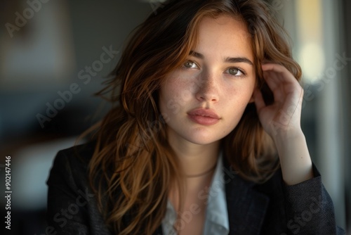 Confident Businesswoman in Suit with Thoughtful Expression