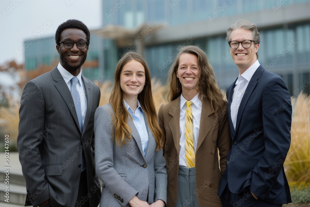 Four professionals posing confidently in front of a modern building. Four professionals posing confidently in front of a modern building.