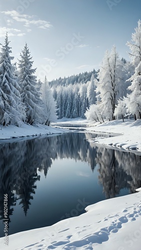 Snow-covered trees, Frozen lake, Winter wonderland, A serene winter landscape with snow-covered trees and a frozen lake, winter wonderland, peaceful, snowy, cold, tranquil,  scenic, digital 