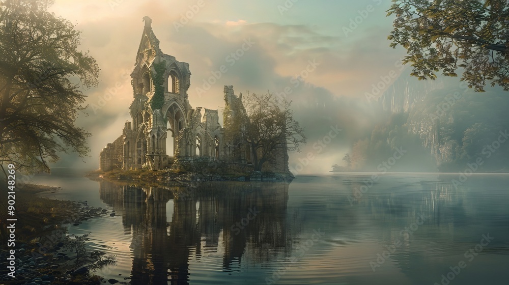 Fantasy ruin by a serene lake, with magical reflections and an ethereal atmosphere, creating a tranquil and otherworldly setting Fantasy ruin by a serene lake, with magical reflections and an ethereal atmosphere, creating a tranquil and otherworldly setting