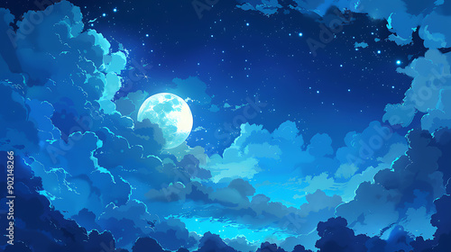 Beautiful magic blue night sky with clouds and fullmoon and stars