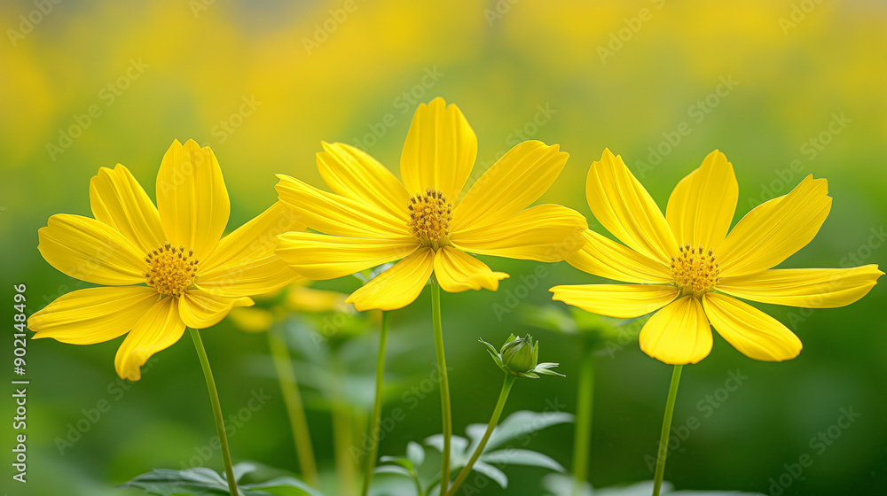 Obraz premium Close-up of three vibrant yellow flowers in full bloom against a lush green background