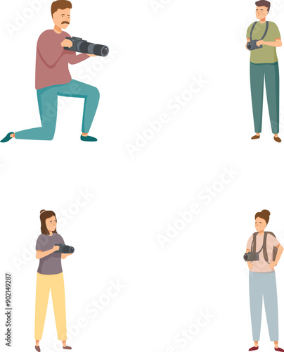 Illustration of diverse cartoon photographers holding cameras, posed to capture perfect shots