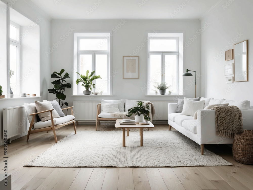 A Scandinavian style living room with white walls, light wood flooring, simple modern furniture A Scandinavian style living room with white walls, light wood flooring, simple modern furniture