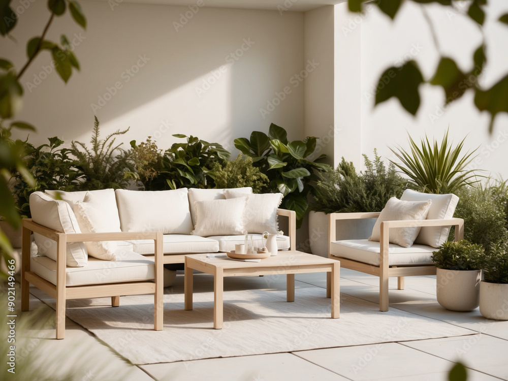 A Scandinavian style outdoor patio with light wood furniture, simple white cushions, and a few green plants. A Scandinavian style outdoor patio with light wood furniture, simple white cushions, and a few green plants.
