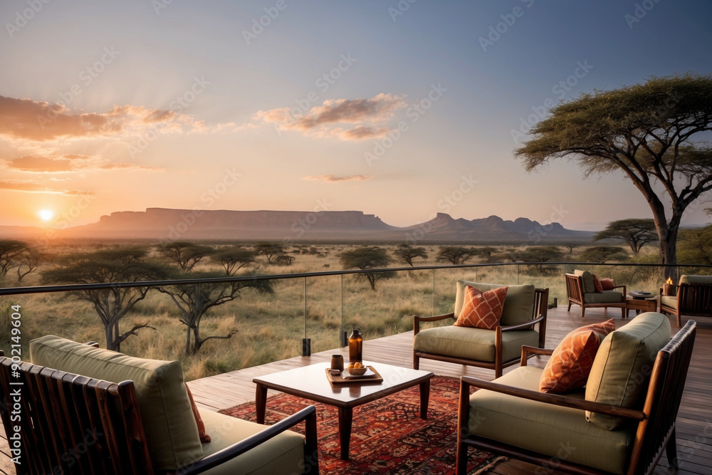 Obraz premium Luxury safari lodge with stunning views, five-star accommodations, and guided tours for an unforgettable wildlife experience.