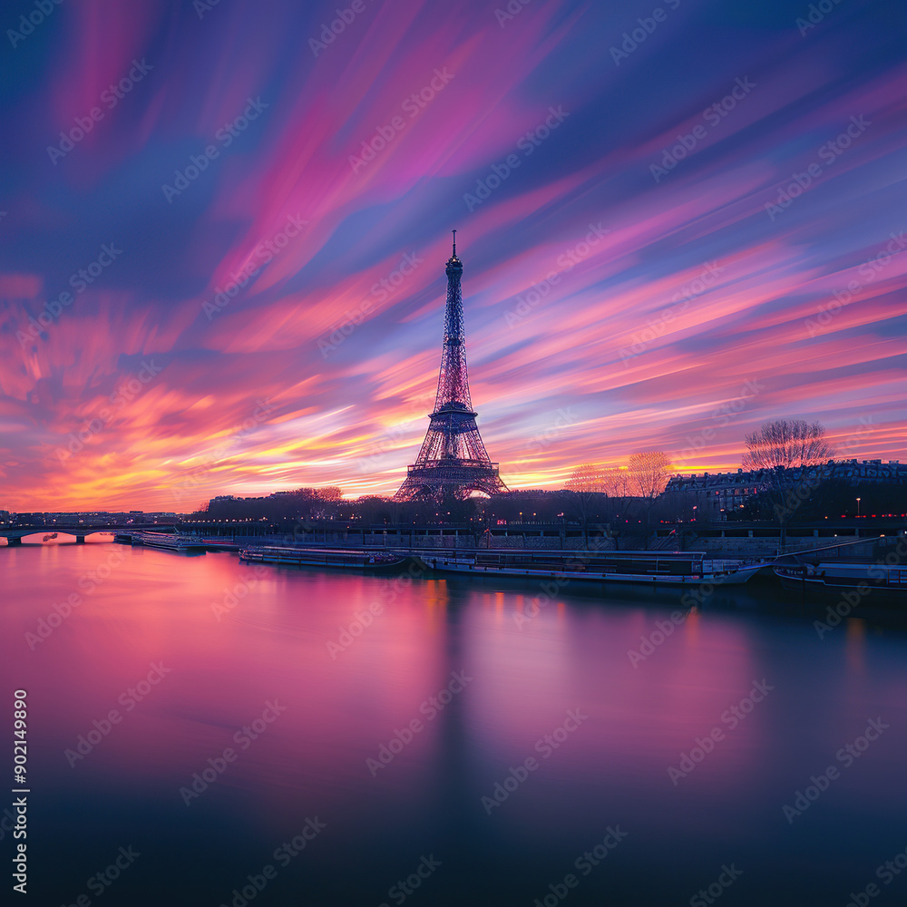 Obraz premium The Eiffel Tower by the Seine River at sunset