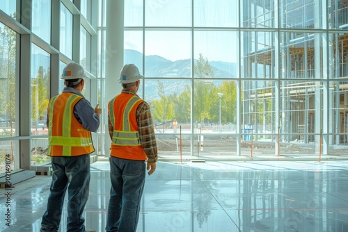 Construction Workers in Safety Vests, Examining Blueprints in a Modern Building