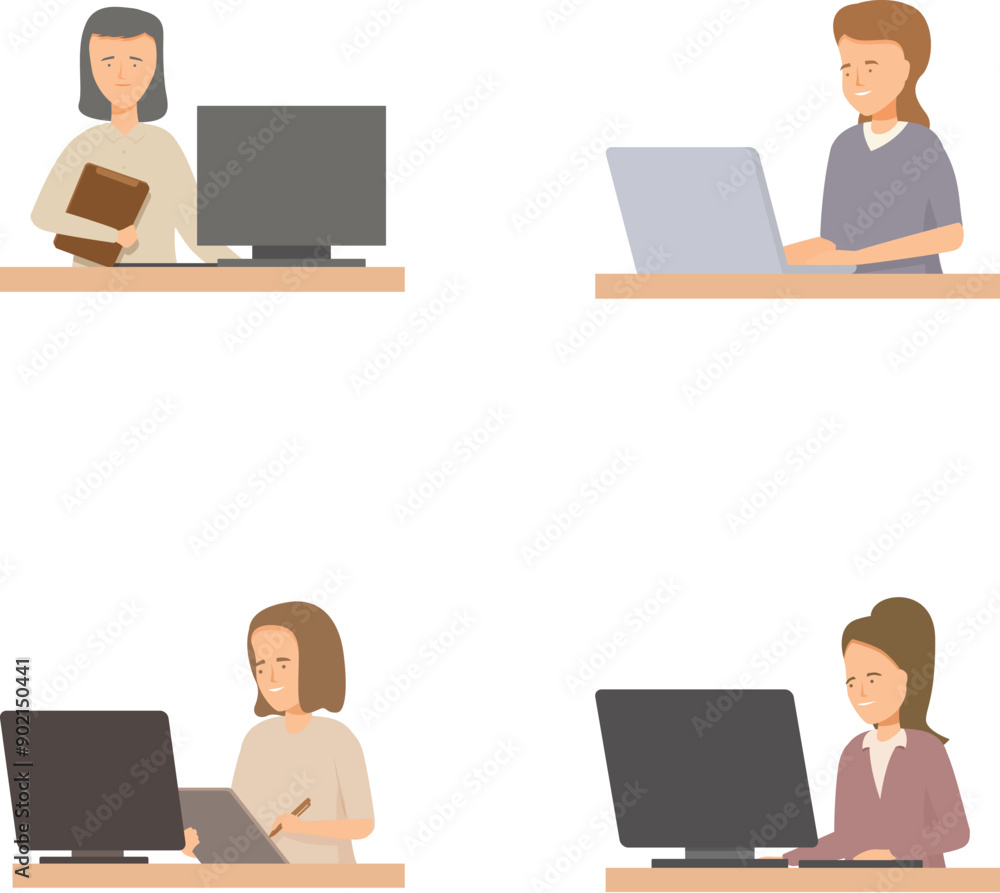 Vector illustrations of four different employees working at computers in an office setting Vector illustrations of four different employees working at computers in an office setting