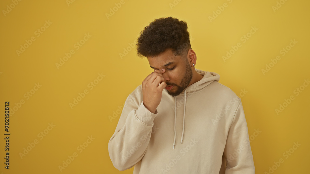 A thoughtful african american man in casual attire stands against a yellow backdrop, appearing contemplative. A thoughtful african american man in casual attire stands against a yellow backdrop, appearing contemplative.