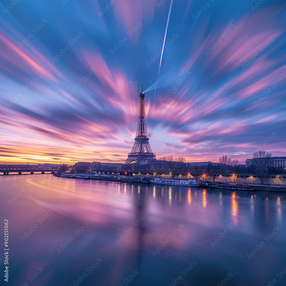 Obraz premium The Eiffel Tower by the Seine River at sunset