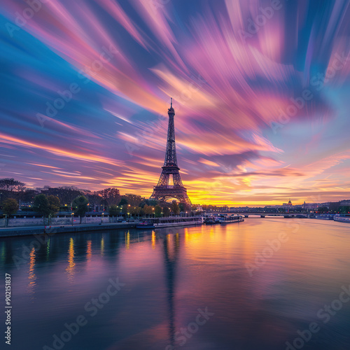 The Eiffel Tower by the Seine River at sunset