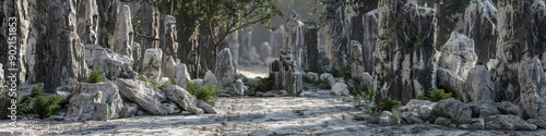 The Stone Forest in China: A Labyrinth of Limestone Pillars - Picture a scene where the towering limestone pillars of the Stone Forest in China create a labyrinthine landscape