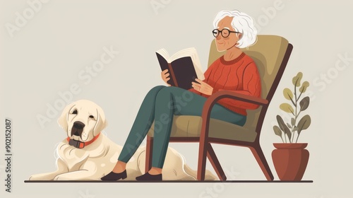 A simplistic flat design illustration elderly woman reading book sitting in armchair dog lying by her dog..