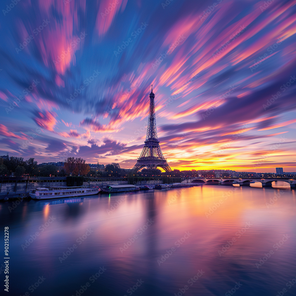 Fototapeta premium The Eiffel Tower by the Seine River at sunset