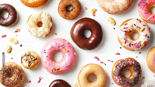 Variety of donuts on a white background, 16:9, 300 dpi, with space for text