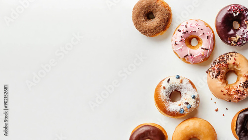 Variety of donuts on a white background, 16:9, 300 dpi, with space for text
