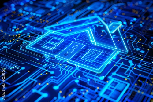 Wallpaper Mural Blue digital house on a circuit board representing smart home technology and modern digital connectivity Torontodigital.ca