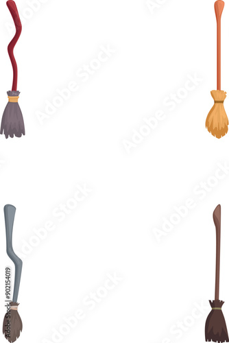 Collection of four different cartoonstyle witch's broomsticks isolated on white background