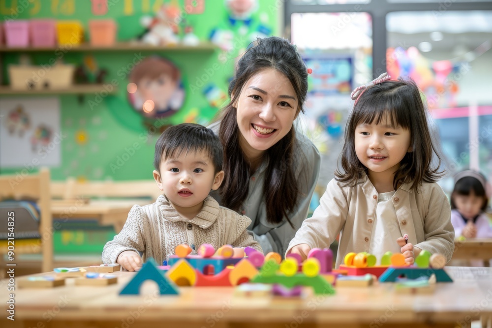 Smiling Mother and Children Engaging with Colorful Educational Toys Smiling Mother and Children Engaging with Colorful Educational Toys
