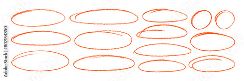 Hand drawn red crayon ovals and circles set. Ellipses in red pencil doodle style. Round freehand shapes, emphasis highlights. Red round rough thin frames. Vector elements for hand drawn diagrams.
