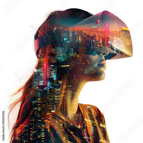 Virtual Cityscape: A young woman wearing VR goggles is immersed in a dazzling digital cityscape, a powerful image of technological advancement and the convergence of the real and virtual worlds. 