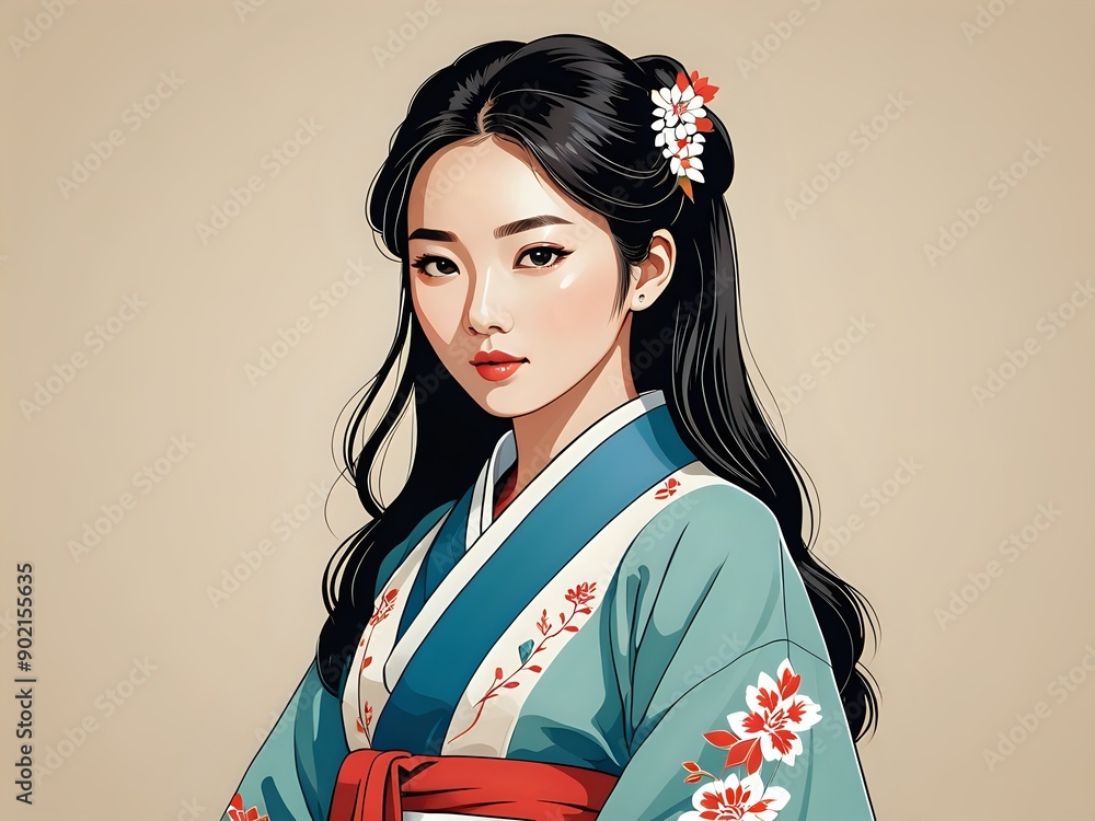 Beautiful woman in traditional Korean dress with floral hair accessory. Beautiful woman in traditional Korean dress with floral hair accessory.