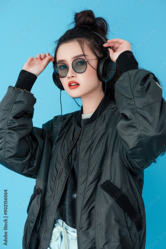 Stylish DJ girl model with headphones and black glasses on the bomber jacket mixes the music player looking camera on blue background Stylish DJ girl model with headphones and black glasses on the bomber jacket mixes the music player looking camera on blue background