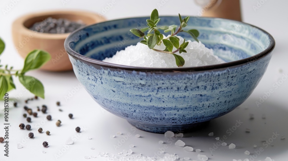 Multicolored blue ceramic bowl with sea salt and herbs on white background Multicolored blue ceramic bowl with sea salt and herbs on white background