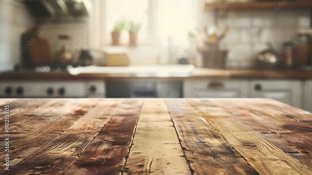 Rustic wooden tabletop with a blurred kitchen background, ideal for showcasing recipes, kitchen accessories, or culinary creations Rustic wooden tabletop with a blurred kitchen background, ideal for showcasing recipes, kitchen accessories, or culinary creations