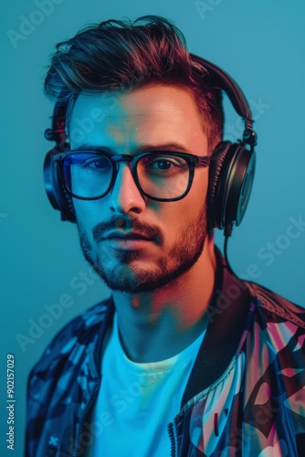 Stylish Handsome DJ Man model with headphones and black glasses on the bomber jacket mixes the music player looking camera on blue background © Tebha Workspace