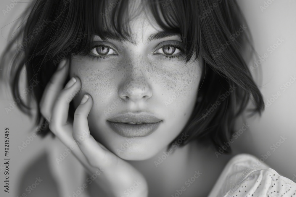 Contemplative Woman with Freckles, Hand on Face, in Soft Light Contemplative Woman with Freckles, Hand on Face, in Soft Light