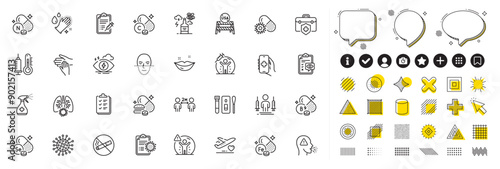 Set of Face recognition, Coronavirus and Medical insurance line icons for web app. Design elements, Social media icons. Coronavirus lungs, Vaccine protection, Health app icons. Vector