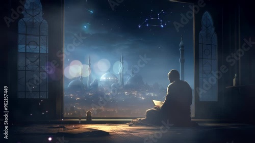Man reading book by window with city skyline and stars at night.