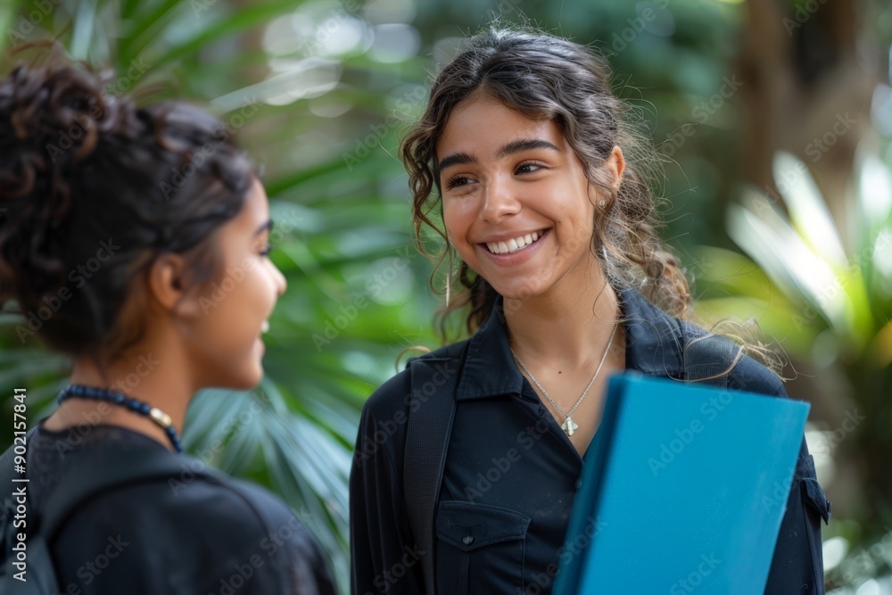 Two young women smiling, sharing a light moment in a lush, tropical setting. Two young women smiling, sharing a light moment in a lush, tropical setting.