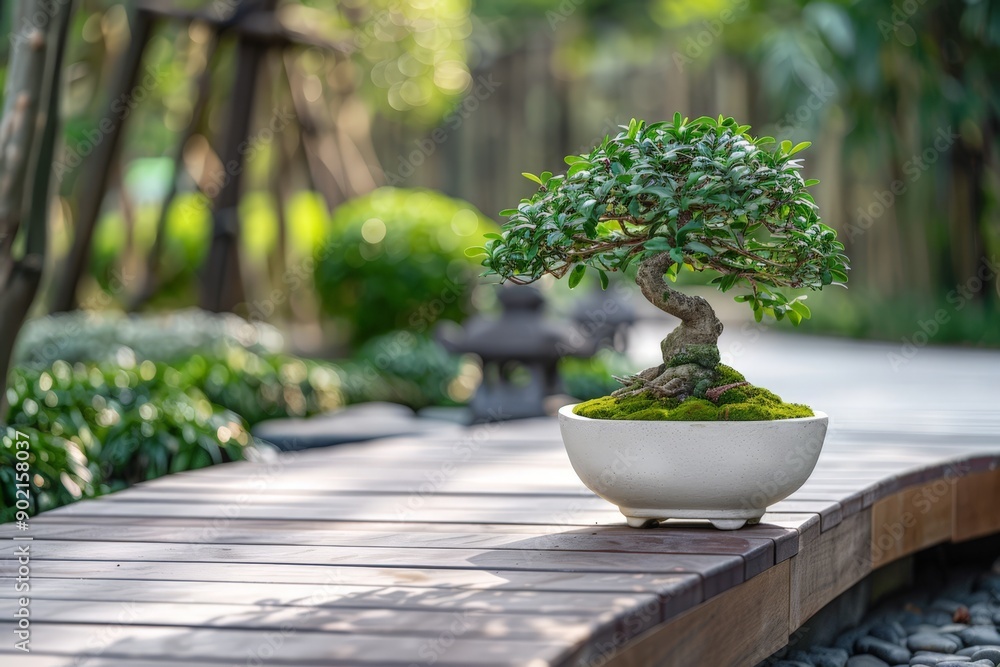 Bonsai Tree in White Planter on Wooden Walkway Bonsai Tree in White Planter on Wooden Walkway