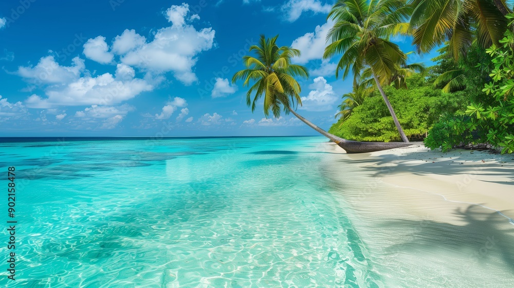 Fototapeta premium A tropical beach with palm leaves and white sand, with the sea in the background