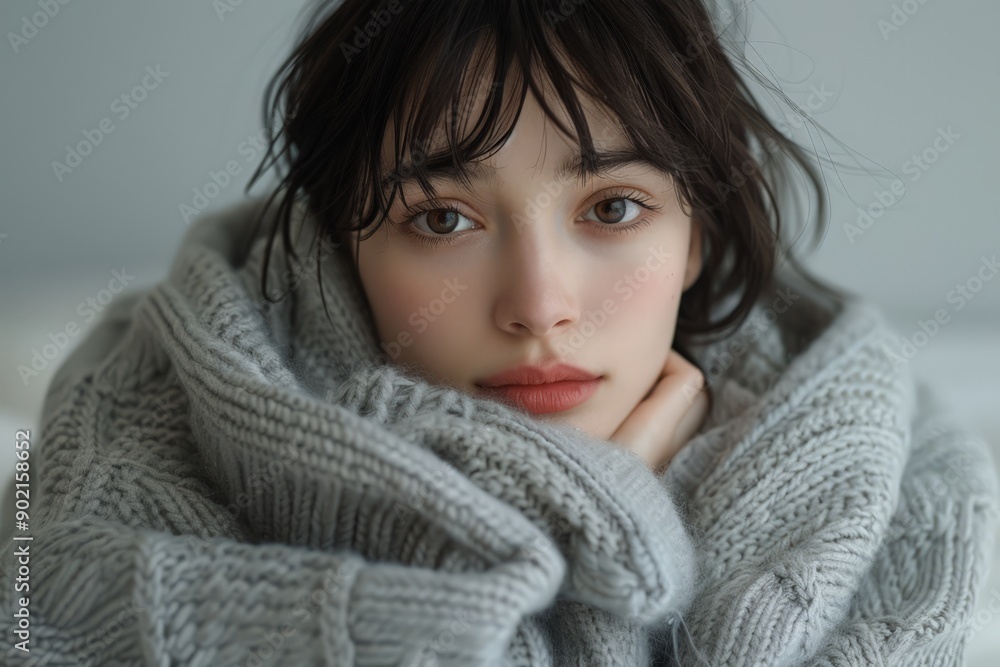 Contemplative young woman in a cozy knit sweater Contemplative young woman in a cozy knit sweater