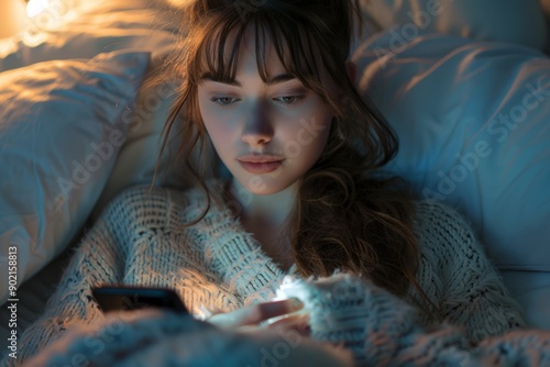 Contemplative Woman Looking at Phone in Bed at Night