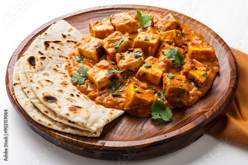 Plate of tasty Paneer Butter Masala with on white background. photo