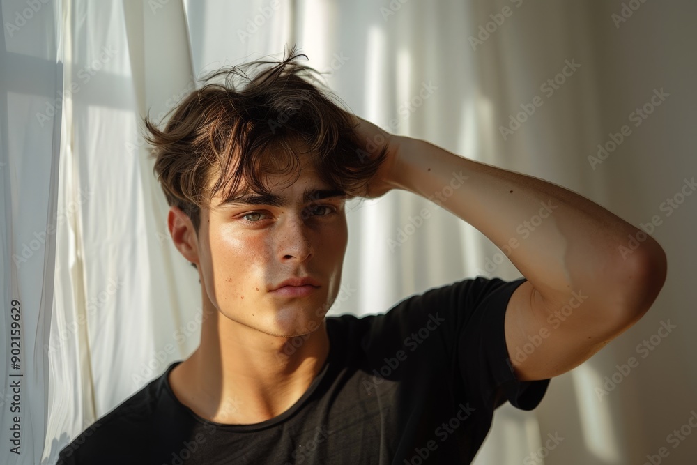 Contemplative Young Man in Black T-Shirt Contemplative Young Man in Black T-Shirt