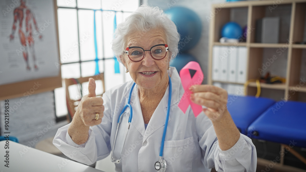 Senior woman doctor with grey hair holds pink ribbon giving thumbs up in hospital office Senior woman doctor with grey hair holds pink ribbon giving thumbs up in hospital office