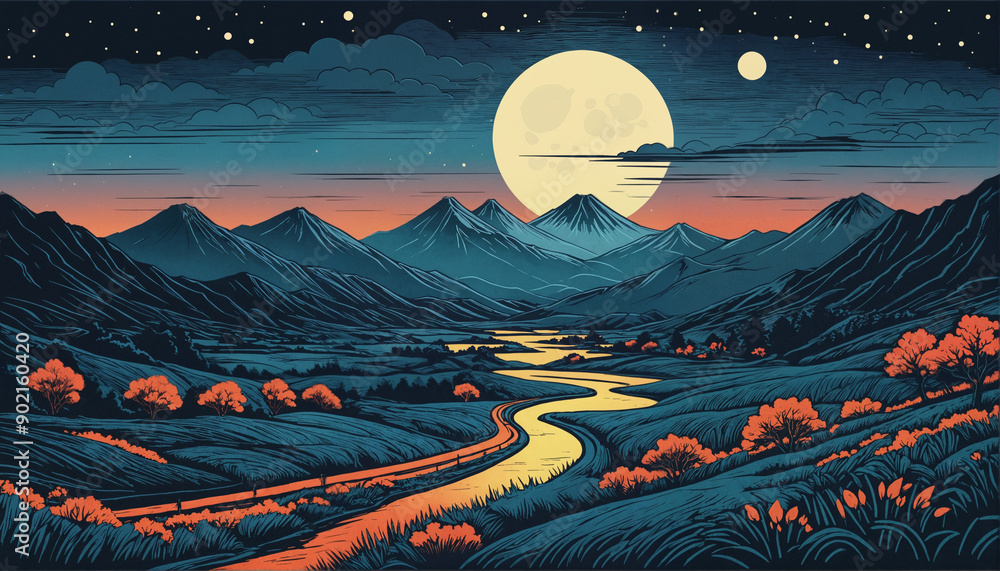 moonlit night sky over japan painting comic book style for background and ambience moonlit night sky over japan painting comic book style for background and ambience