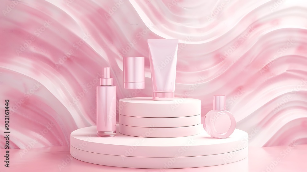 3D Illustration of Pink Cosmetic Bottles on Display with an Abstract Background 3D Illustration of Pink Cosmetic Bottles on Display with an Abstract Background