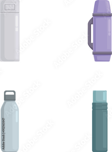 Collection of four vector icons depicting various designs of reusable water bottles